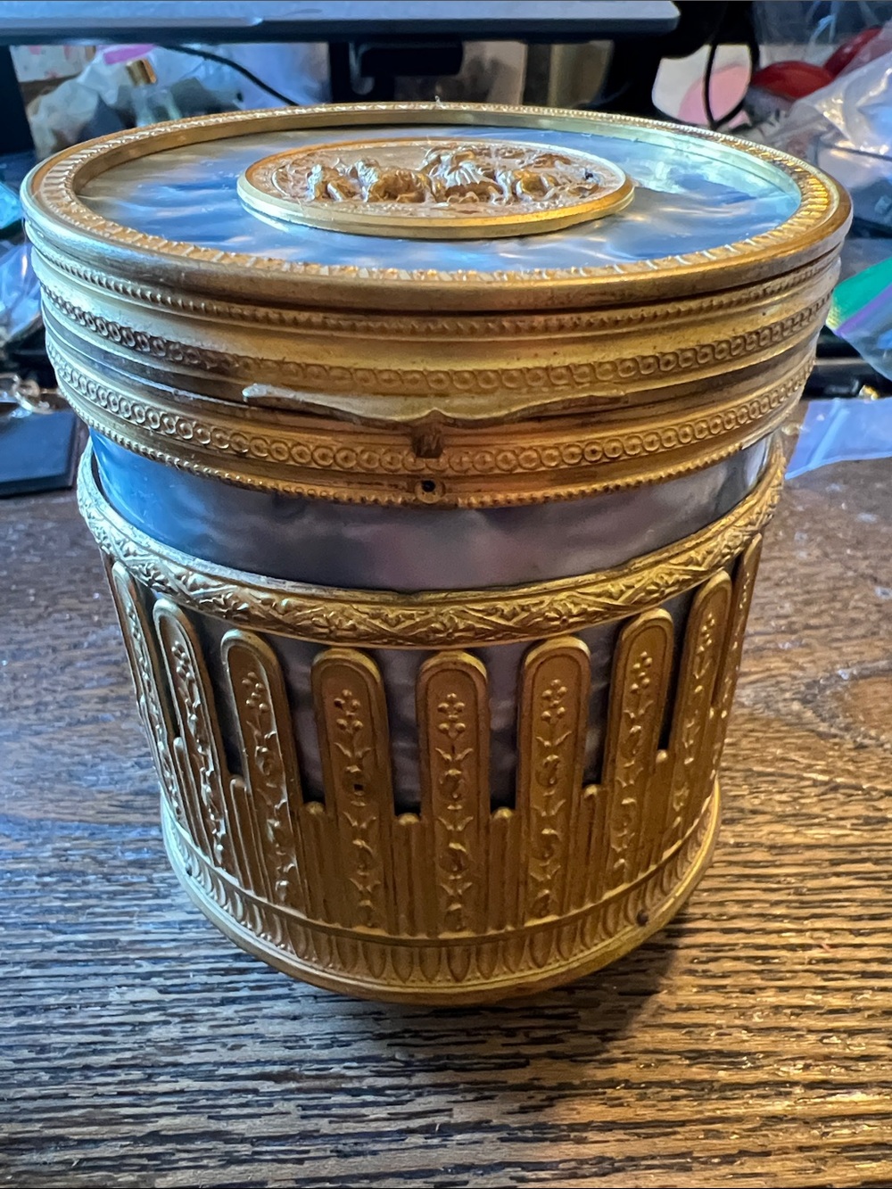 Antique French footed Round Gilt Powder Box Mirror music box guilloché enamel